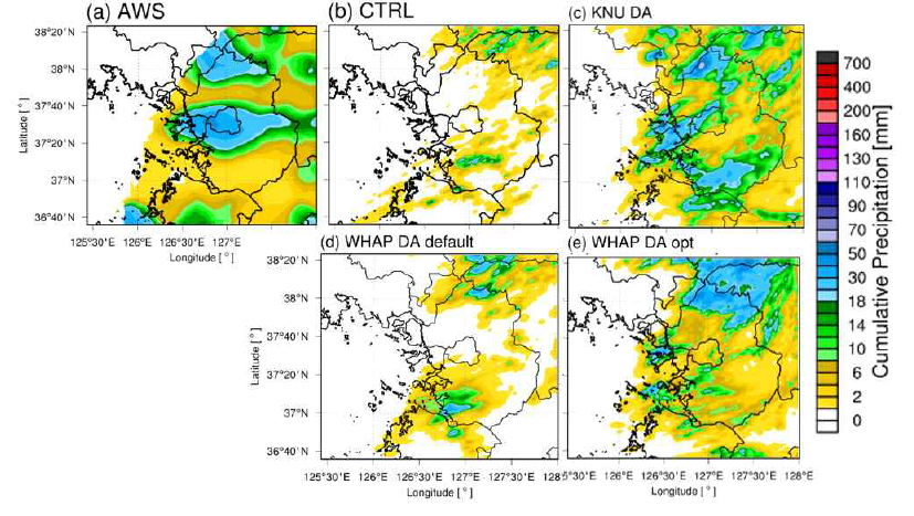 CASE_20190829의 (a) AWS, (b) CTRL, (c) KNU DA, (d) WHAP DA default, (e) WHAP DA opt 의 9시간 누적 강수량 분포