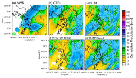 CASE_20190904의 (a) AWS, (b) CTRL, (c) KNU DA, (d) WHAP DA default, (e) WHAP DA opt 의 9시간 누적 강수량 분포