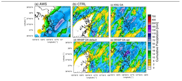 CASE_20190905의 (a) AWS, (b) CTRL, (c) KNU DA, (d) WHAP DA default, (e) WHAP DA opt 의 9시간 누적 강수량 분포