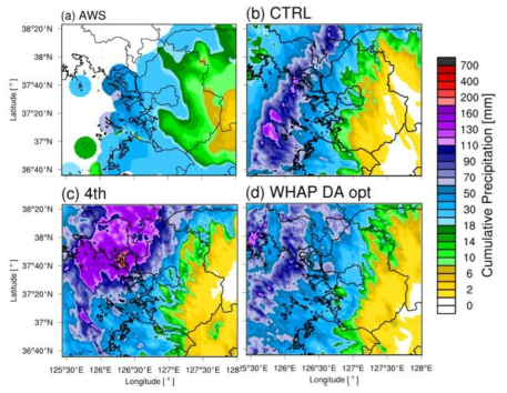 CASE_20200723의 (a) AWS, (b) CTRL, (c) 4th, (e) WHAP DA opt의 9시간 누적 강수량 분포