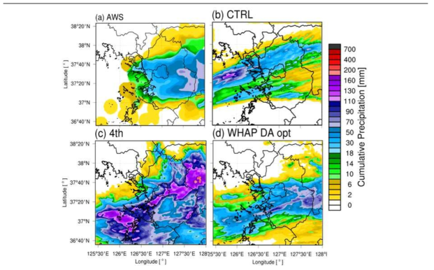 CASE_20200815의 (a) AWS, (b) CTRL, (c) 4th, (e) WHAP DA opt 의 9시간 누적 강수량 분포