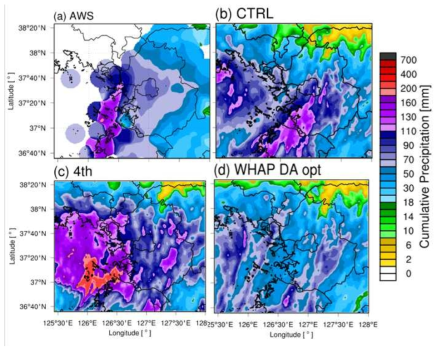 CASE_200903의 (a) AWS, (b) CTRL, (c) 4th, (e) WHAP DA opt의 9시간 누적 강수량 분포