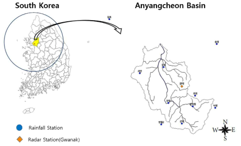 안양천 유역의 강우관측소 및 레이더 관측소 현황