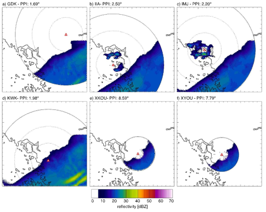 PPIs simulated on the reference high-resolution reflectivity volumes for the situation of 24 June 2011 at 0930 UTC corresponding to: a) GDK (elevation angle: 1.69º); b) IIA (elevation angle: 1.69º); c) IMJ (elevation angle: 2.20º); d) KWK (elevation angle: 1.98º); e) XKOU (elevation angle: 8.59º); e) XYOU (elevation angle: 7.79º)