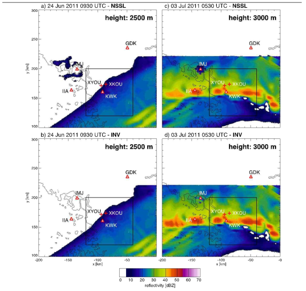 Retrievals obtained with the NSSL and INV methods (top and bottom rows, respectively) for the situations of 24 Jun 2011 at 0930 UTC (left) and 03 July 2011 at 0530 (right)