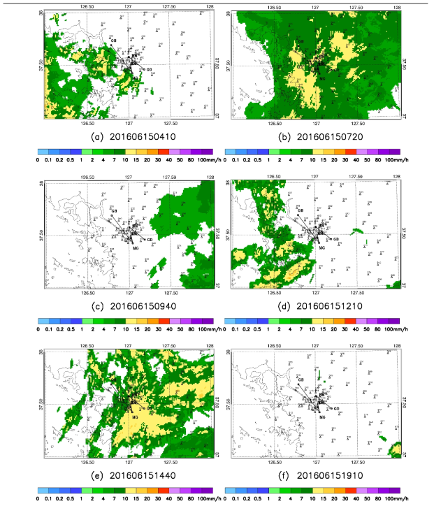사례6 의 기상청 레이더 합성 강우장의 시공간 변화 분포