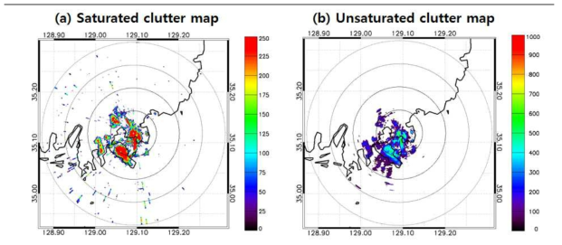 (a) 포화된 지형클러터 지도와 (b) offset과 gain의 조정을 통해 재산출된 불포화된 지형클러터 지도