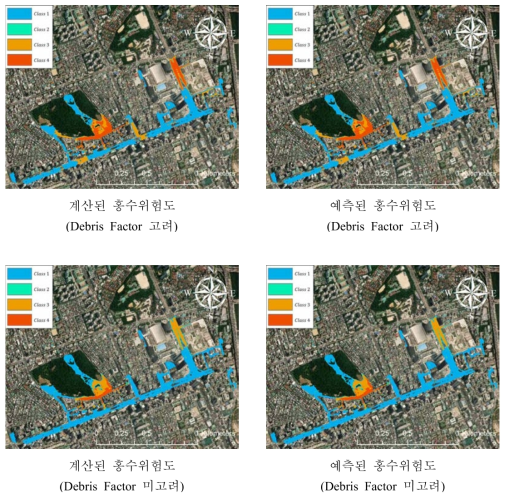 수치적으로 계산한 홍수위험등급지도와 예측된 지도