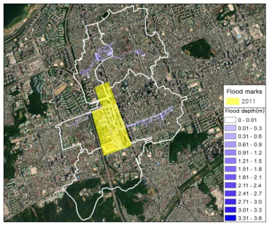 강남 배수분구 2011년 7월 27일 관측강우에 대한 침수흔적도와 침수예측 결과