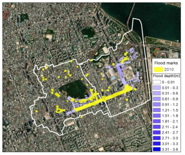 삼성 배수분구 2010년 9월 21일 관측강우에 대한 침수흔적도와 침수예측 결과
