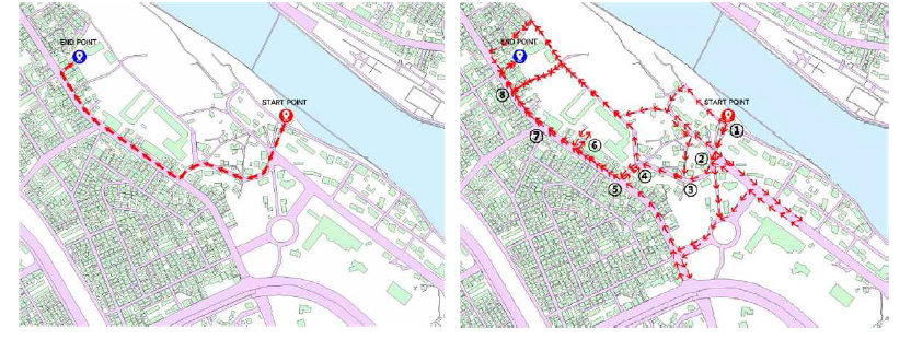 지정경로(좌) 및 경로이탈 보행경로(우)