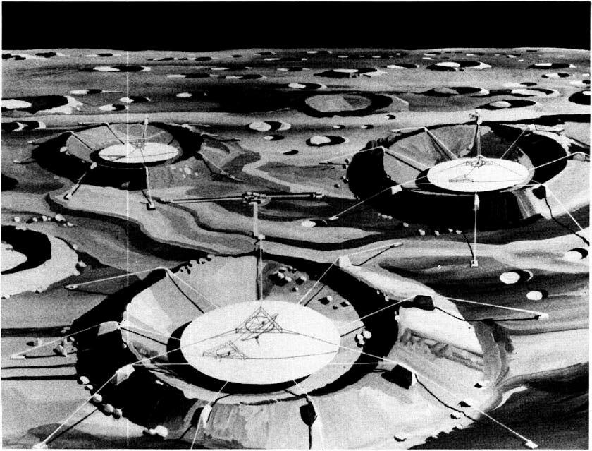 Artist’s concept of an array of three Arecibo-type spherical antennas constructed within natural craters on the far side of the Moon