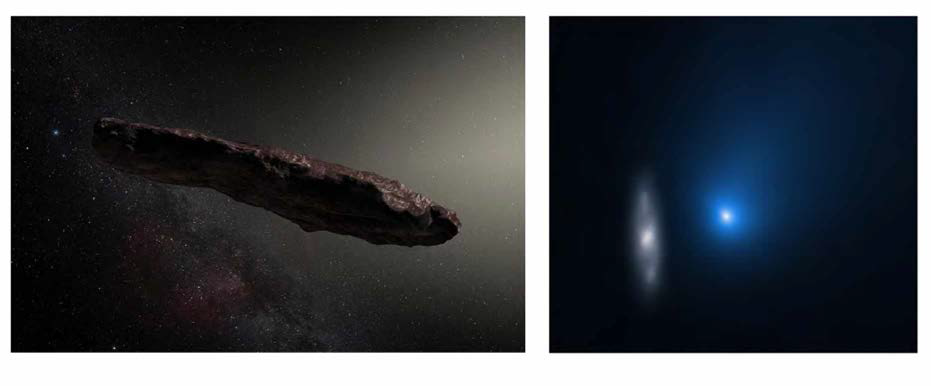 왼쪽: 오우무아무아(1I/2017 U1, Oumuamua)외 상상도. ©ESO/M. Kornmesser, 오른쪽: 꼬 리가 보이는 성간 혜성 보리소프(2I/Borisov). © Wikipedia