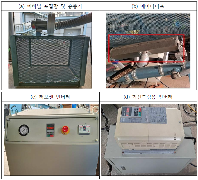 폐비닐 수분 제거장치의 인버터 및 포집망, 에어나이프 사진