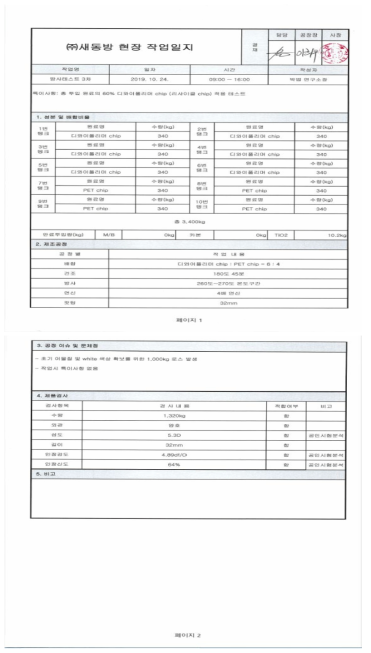 현장작업일지(1톤/일 생산 실증)