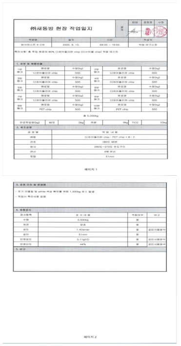 현장작업일지(3톤/일 생산 실증)