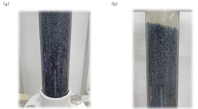 NiAlOx 펠렛형 촉매가 충진된 컬럼 반응기 HRT (60분) 5 사이클이 지난 후의 하단부 사진 (a) 및 상단부 사진 (b)