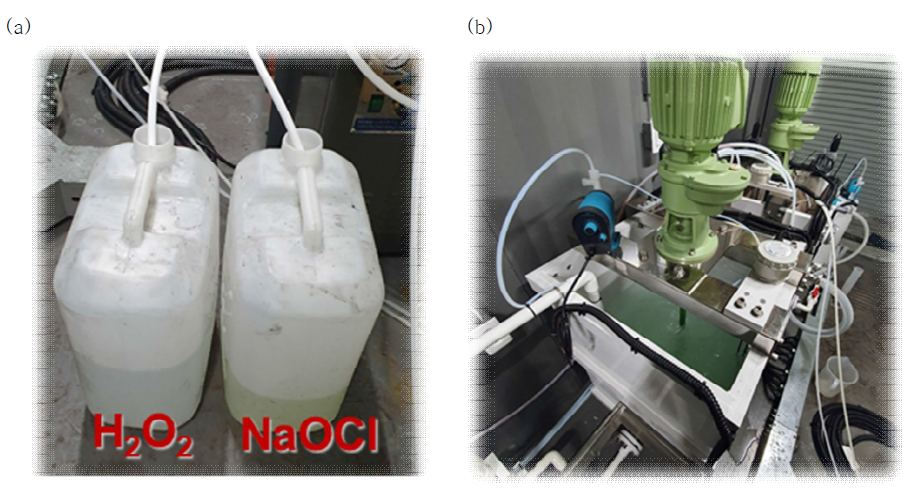 파일럿 규모 충전층 반응기 모의실험 산화제 주입 (a) 및 오염폐수 주입 (b)