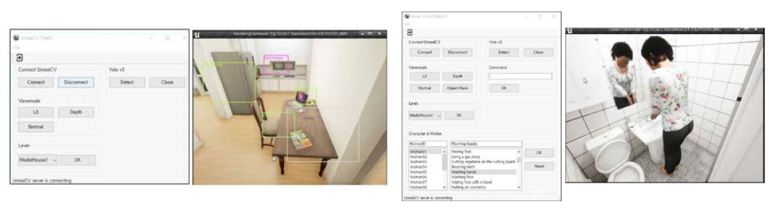 가상 환경 시뮬레이터 VISim을 이용한 객체 탐지 (좌) 및 행동 인식 (우) 실험의 예