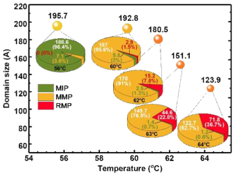 IMT 온도 범위 56~64℃에서 VO2 나노도메인에 공존하는 MIP, MMP 및 RMP 상의 계산된 몫 및 백분율