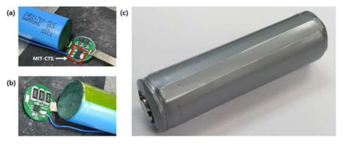 (a) 배터리 셀의 음극 쪽에 부착된 MIT-CTS PCM 보드의 사진 (b) 배터리 셀의 양극 쪽에 부착된 외부 출력 제어 보드의 사진 (c) MIT-CTS PCM 보드가 내장된 배터리의 사진