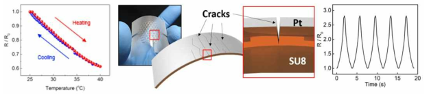 (좌) HPC와 Li 복합 소재 기반 패치의 온도에 따른 저항 변화율 측정 그래프 및 (우) 기계신호 센서의 사진과 모식도, 기계적 변형에 따른 저항 변화율 측정 그래프