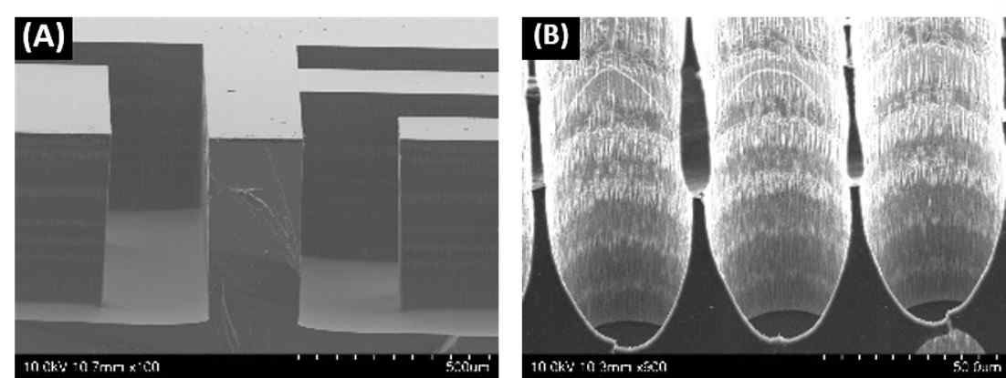 DRIE를 이용한 식각 공정 결과의 측면 주사 전자 현미경 사진