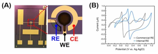 상대 전극 (CE), 기준 전극 (RE), 및 작업 전극 WE: 혈당센서) 가 집적된 센서 칩 이미지 (A), 1 mM 혈당에서의 순환 전압전류법 그래프 (검정선: 상용 전극, 파랑선: 내부 전극) (B)