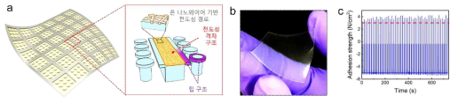 제작된 스마트 패치의 구조와 접착 성능. (a) 스마트 패치의 접착 구조 모식도, (b) 제작된 스마트 패치의 실물 사진, (c) 피부 부착력 및 부착 신뢰성 성능 시험 결과 그래프