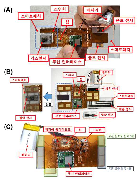 Disposable IoT 환경/생체신호 센서 시스템 이미지. (A) Disposable 다종 환경센서 시스템, (B) Disposable 다종 생체센서 시스템 Type A, (C) Disposable 다종 생체센서 시스템 Type B