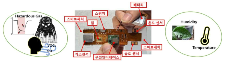 IoT 서비스에 적용되는 각종 모바일 검측/진단 기기 및 환경 모니터링을 통한 안전 관리 및 재난 방지/대응 서비스에 적용 가능한 온·습도 및 가스센서, 스마트패치, 환경센서 신호처리/통신 통합모듈이 패키징된 환경센서 시스템