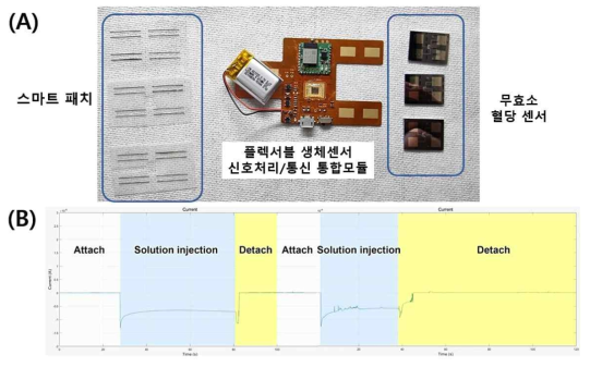 (A) 패키징 전 시스템 구성요소 이미지. (B) 무효소 혈당 센서를 탈부착 하며 전기화학 실험을 진행한 그래프 (회색: 센서 부착, 하늘색: 전기화학 테스트 용액 주입, 노란색: 용액 제거 및 센서 탈착). 전기화학 실험에서는 10mM Ferrocyanide (0.1 M KCl)이 혈당 센서 표면에 주입한 후, -0.6 V의 전압을 작업전극 (WE)에 인가하며 전류신호를 플렉서블 생체센서 신호처리/통신 통합모듈을 통해 수집함