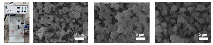 최적화에 사용된 건조 분무 장비 및 조건별 전구체 SEM 사진