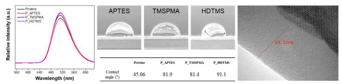 플라즈마 코팅 후 PL, 접촉각 및 TEM 분석