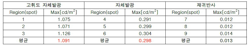 자체 발광형 표지의 태양광 조사 직후 spot 별 휘도 측정 값