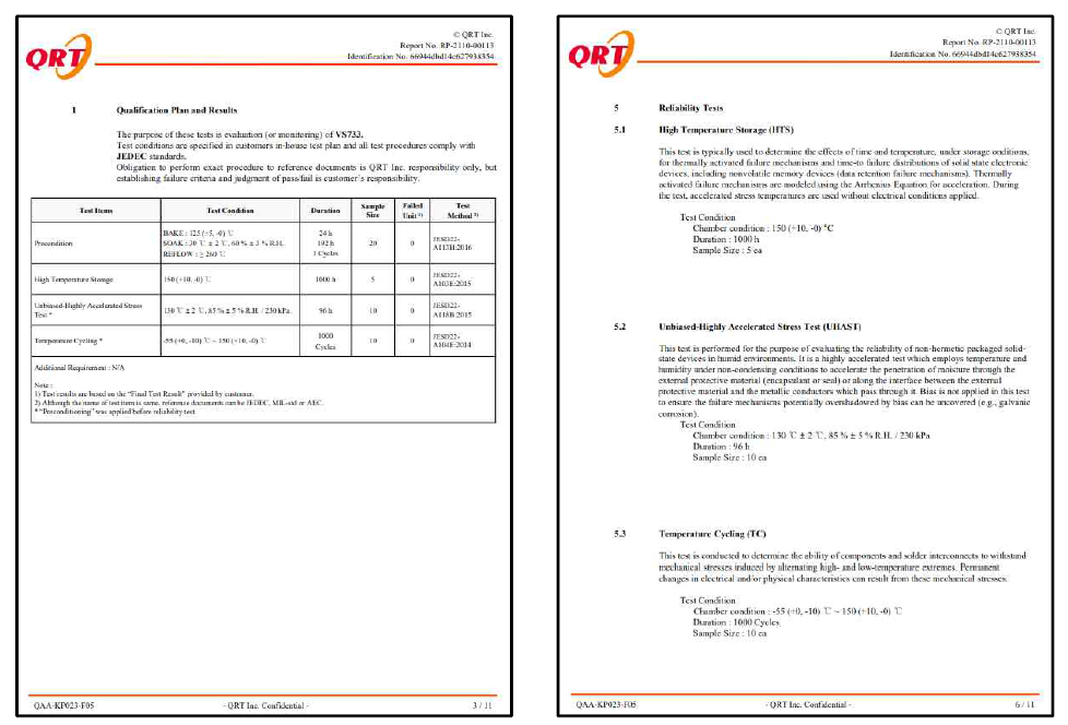 AEC-Q100 Grade 1 신뢰성 시험 성적서