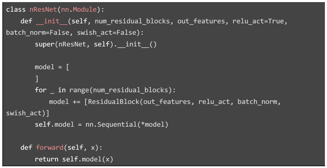 Resnet block은 residual block 을 복수로 연결할 수 있도록 구성되어있다. (python)