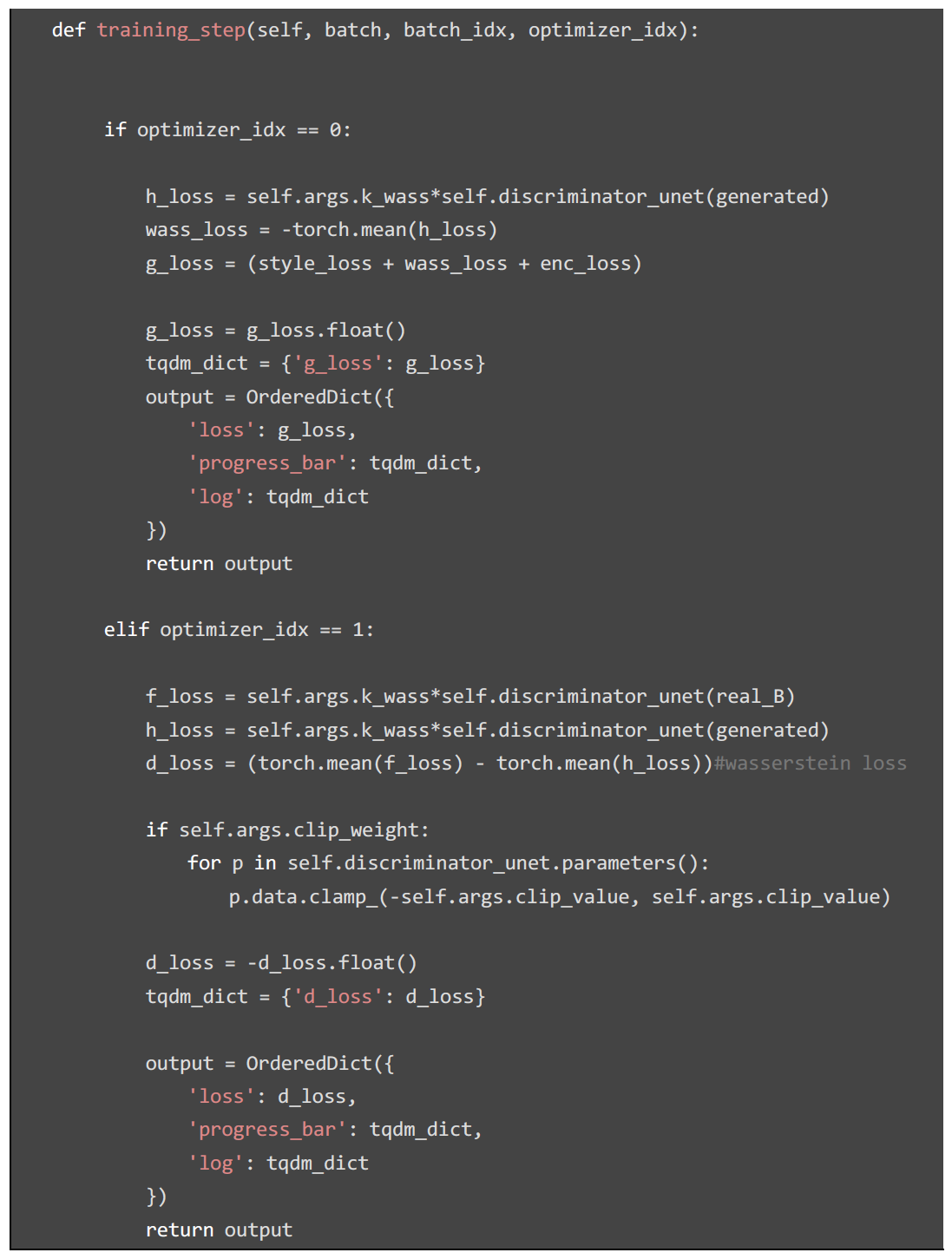 WGAN 방법이 적용되는 training 부의 부분코드 (python)