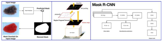 Mask r-cnn의 mask processing (왼쪽), Mask r-cnn의 기반이 되는 fast r-cnn (가운데), faster r-cnn 모델에 덧붙여진 Mask r-cnn 모델(오른쪽)