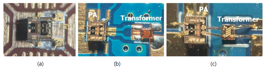 제작 된 DUT 사진: (a) CMOS IC, (b) CMOS IC+Flip 형태의 권선형 변압기, (c) CMOS IC + 본더-와이어를 이용한 권선형 변압기