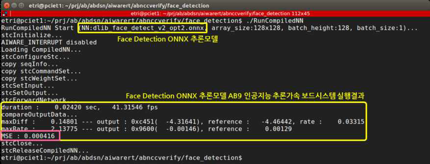 Face Detection (dlib) ONNX 추론 모델의 AB9 인공지능 추론가속 보드시스템 실행 결과