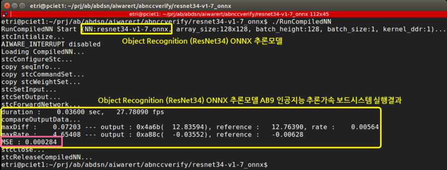 Object Recognition (ResNet34) ONNX 추론 모델의 AB9 인공지능 추론가속 보드시스템 실행결과