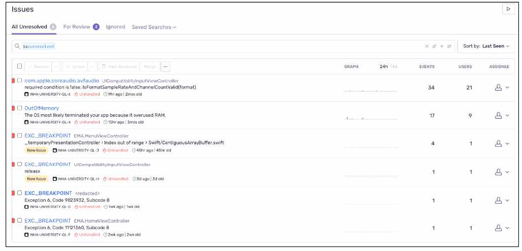 MOCA 어플리케이션 충돌 분석 플랫폼 화면 (sentry.io)