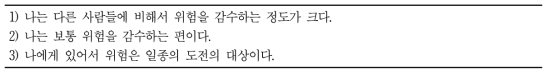 위험감수 경향성을 측정하기 위한 설문 문항