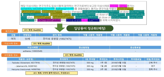 자연어 상세서술 자료 내 안전성 정보 추출 모식도 및 임상 용어 정규화 필드 선정