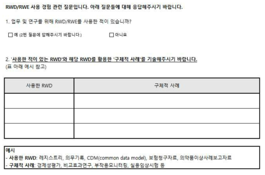 참여자들의 RWD/RWE 사용 경험을 묻는 문항