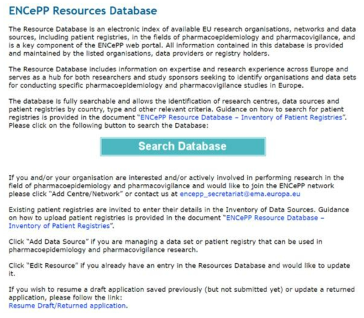 ENCePP의 Resource Database Search 화면1 (출처: ENCePP 홈페이지, http://www.encepp.eu)