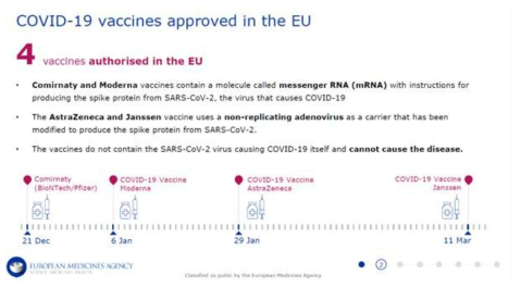 유럽 내 COVID-19 백신 승인현황 (출처: EMA. Update on approved and candidate COVID-19 vaccines in the EU. 2021)