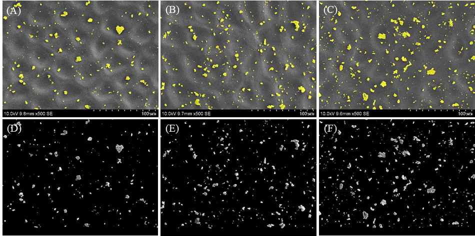 Classification results of the scanning electron microscope micrographs of tomato (top row) and mask image of PM (bottom row). Samples were exposed in the particulate matter deposition chamber for 3 h (A, D), 6 h (B, E), 9 h (C, F)