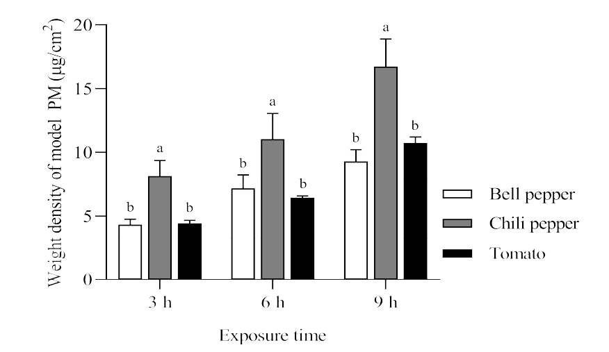 The weight density of model particulate matter on bell pepper, chili pepper and tomato exposed in the deposition chamber. Data are mean ± SD (n = 3). Different letters in the same group indicates significantly difference (p < 0.05)